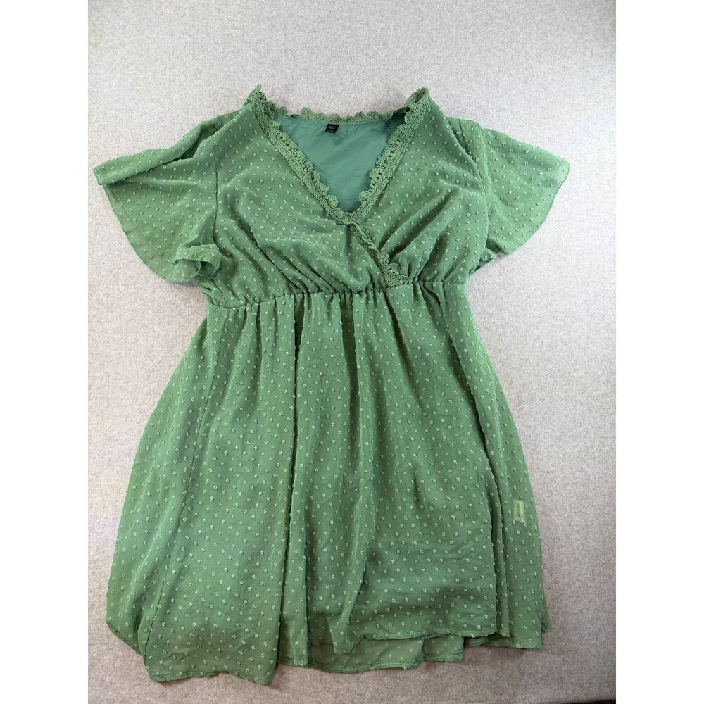 SHEIN Curve Women’s 3XL Green Swiss Dot Lace Trim Flutter Sleeve Dress 3099